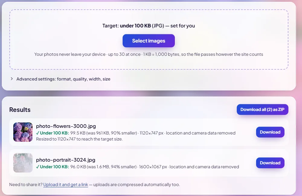 Screenshot of the PictureToLink compressor on the 100 KB page: two photos marked "Under 100 KB", one at 99.5 KB resized to 1120×747 px and one at 96.0 KB at 1600×1067 px, each with a Download button