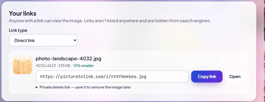 Screenshot of the PictureToLink uploader after an upload: a link type menu set to Direct link, the photo with its size and "12% smaller", and a direct image URL with Copy link and Open buttons